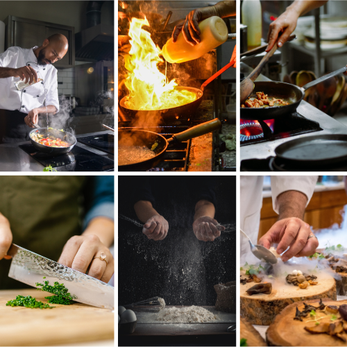 6 Images in collage showing chefs cooking, cutting and plating food